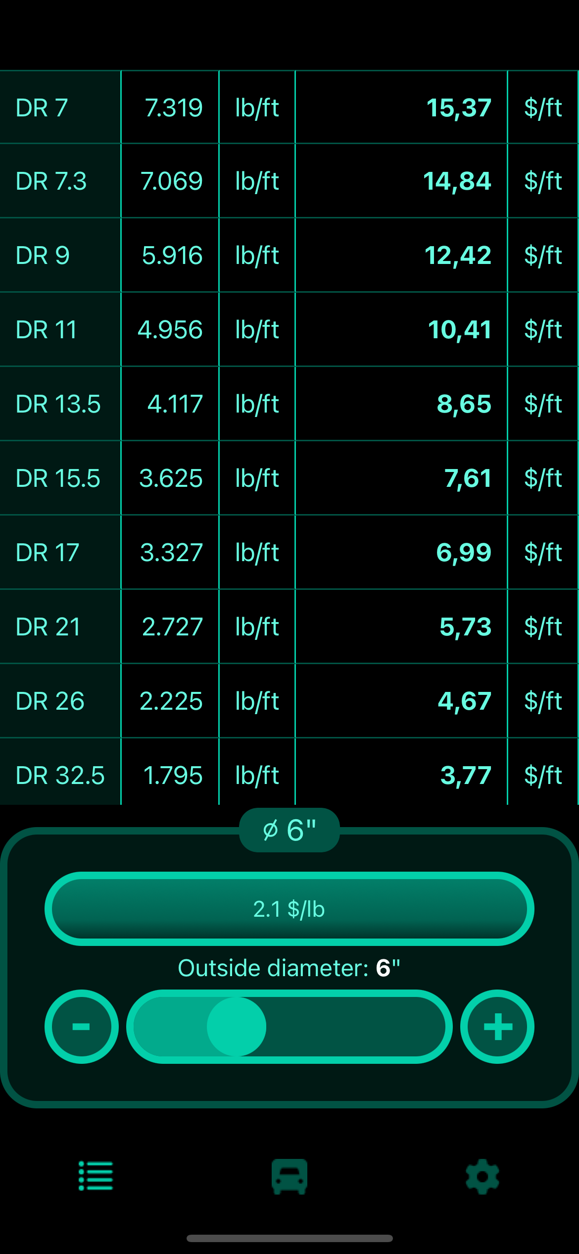 HDPE/PE100 plastic pipe weight calculator app interface