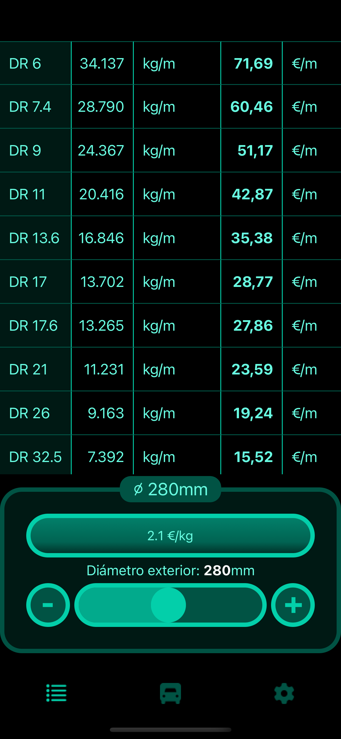 Interfaz de calculadora de peso de tuberías de plástico HDPE/PE100
